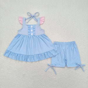 Solid Polka Dots Blue Girls Shorts Sets