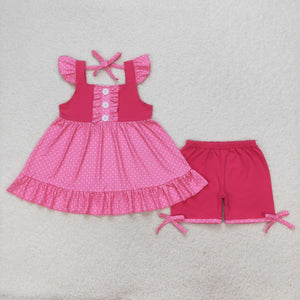 Solid Pink Red Polka Dots Girls Shorts Sets