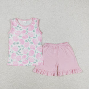 Pink Floral White Girls Shorts Sets