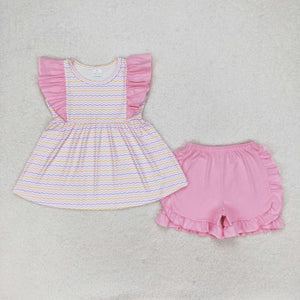 Wavy Line Pink Ruffles Girls Shorts Sets