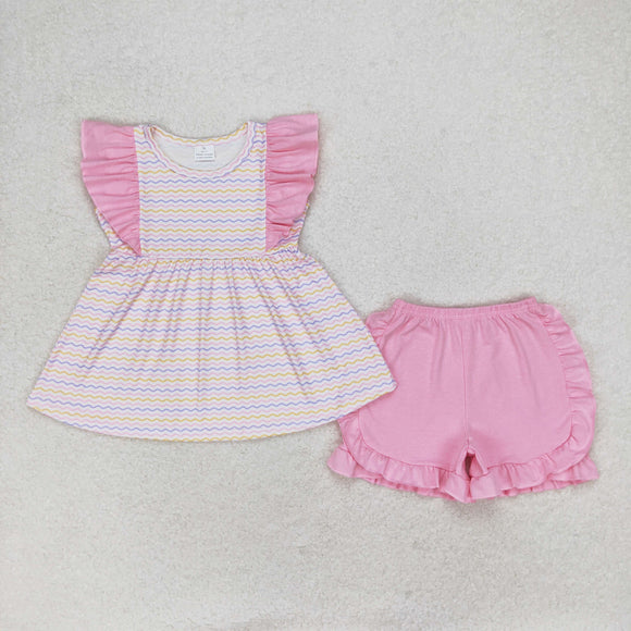 Wavy Line Pink Ruffles Girls Shorts Sets