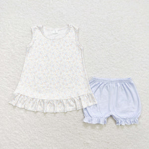 Floral Blue Plaid Girls Shorts Sets