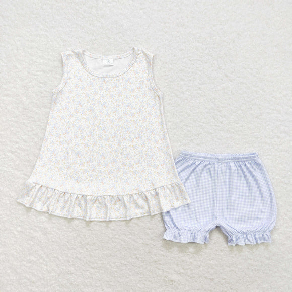 Floral Blue Plaid Girls Shorts Sets