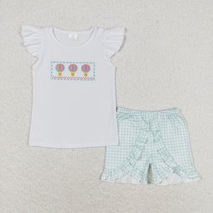 Hot Air Balloon Plaid White Girls Shorts Sets