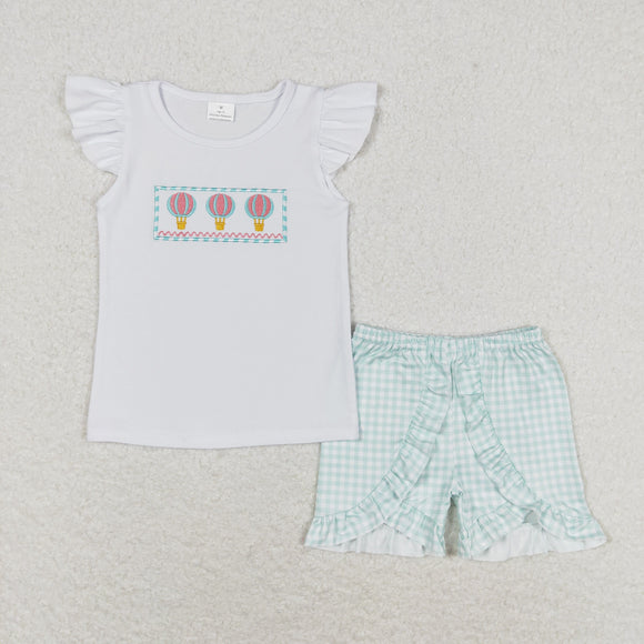 Hot Air Balloon Plaid White Girls Shorts Sets