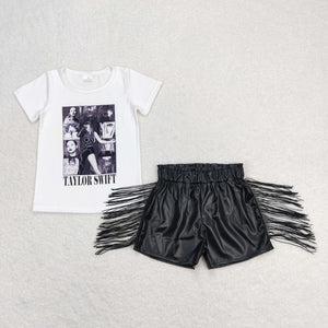 Singer White Black Leather Tassels Girls Shorts Sets