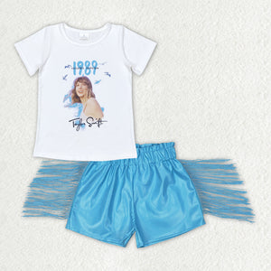 1989 Singer Blue Leather Tassels Girls Shorts Sets