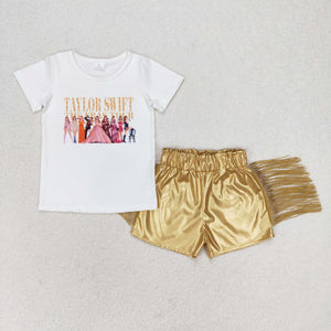 Singer White Golden Leather Tassels Girls Shorts Sets