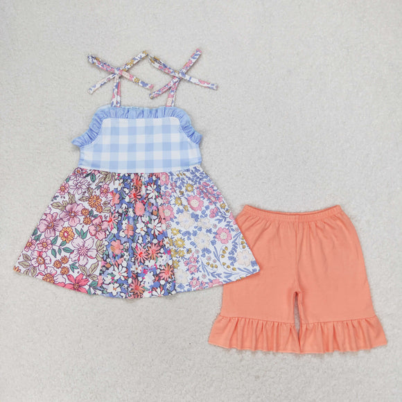 Floral Patchwork Plaid Blue Ruffles Girls Shorts Sets