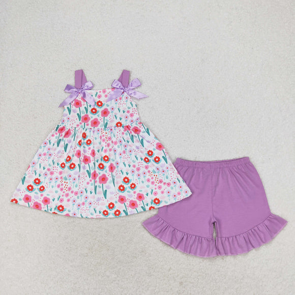 Floral Purple Bows Ruffles Girls Shorts Sets