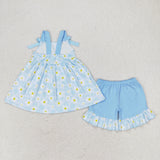 Magritte Floral Blue Ruffles Girls Shorts Sets