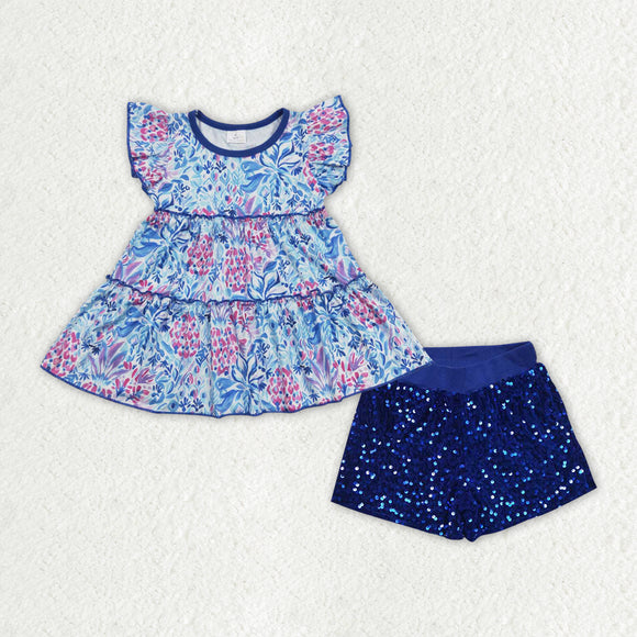 Floral Blue Sequins Girls Shorts Sets