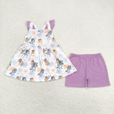 Cartoon Dogs Floral Purple Girls Shorts Sets