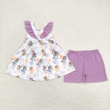 Cartoon Dogs Floral Purple Girls Shorts Sets