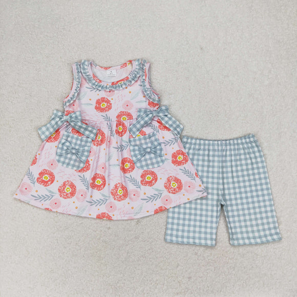 Floral Plaid Bows Pocket Pink Girls Shorts Sets