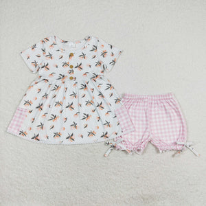 Fruit Stripe Pink Plaid Pockets Girls Shorts Sets