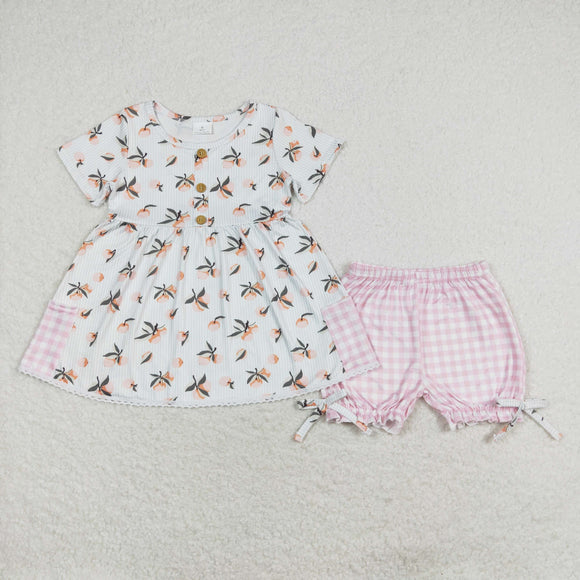 Fruit Stripe Pink Plaid Pockets Girls Shorts Sets