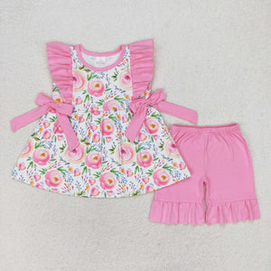 Floral Pink Ruffles Bows Girls Shorts Sets