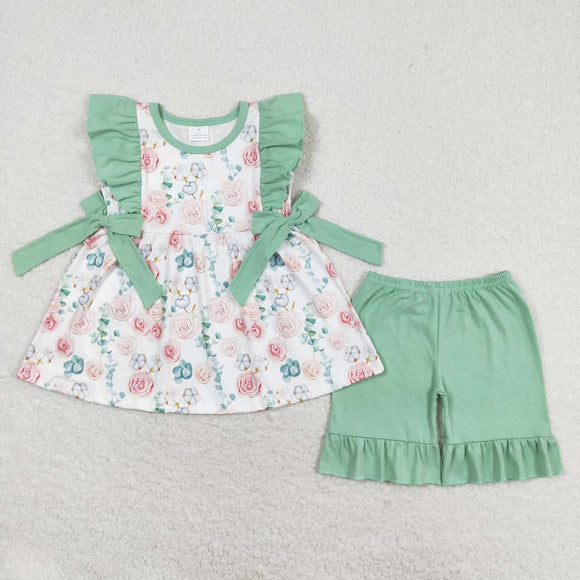 Cotton Floral Green Bows Ruffles Girls Shorts Sets