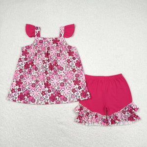 Floral Plaid Hot Pink Girls Shorts Sets