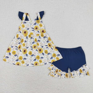 Yellow Floral Navy Ruffles Girls Shorts Sets