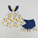 Yellow Floral Navy Ruffles Girls Shorts Sets