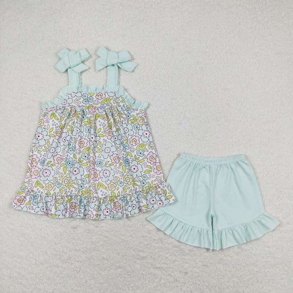 Floral Bluish Ruffles Girls Shorts Sets