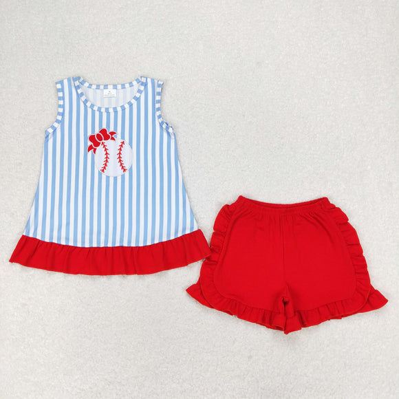 Bow Baseball Blue Stripe Red Girls Shorts Sets