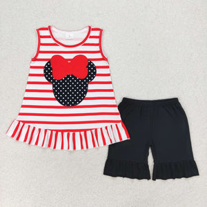 Cartoon Red Stripe Black Girls Shorts Sets