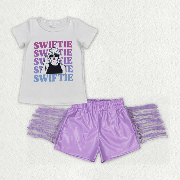 Swiftie White Purple Leather Tassels Girls Shorts Sets