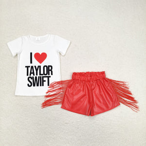 I Love Singer White Red Leather Tassels Girls Shorts Sets