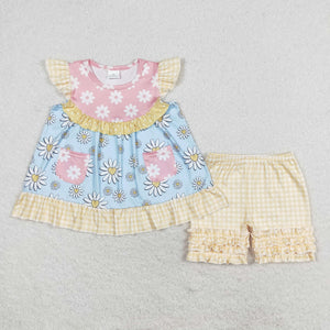 Floral Pocket Yellow Plaid Girls Shorts Sets