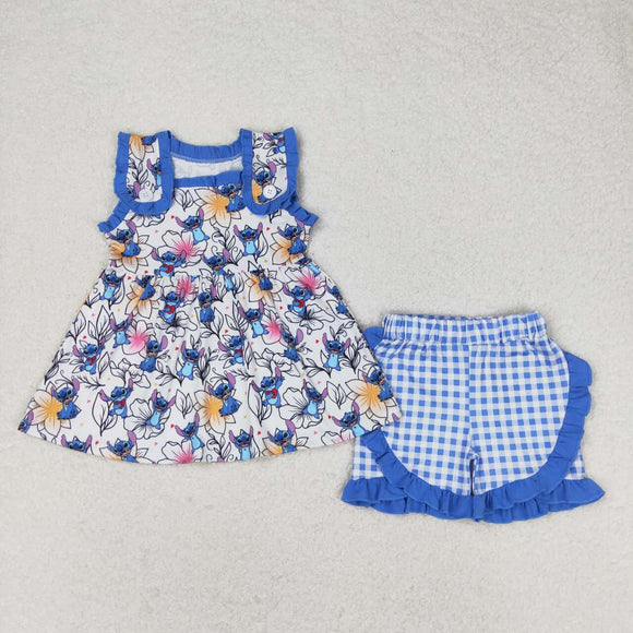 Cartoon Floral Blue Ruffles Plaid Girls Shorts Sets