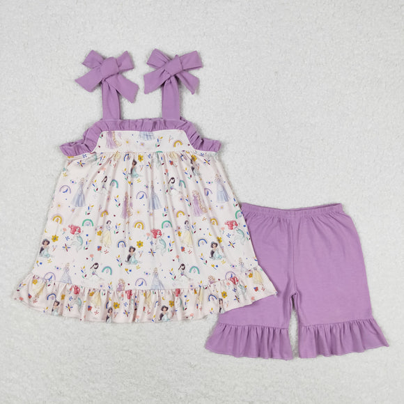 Cartoon Princess Purple Ruffles Girls Shorts Sets