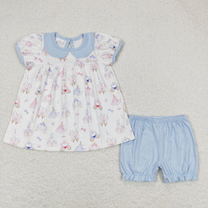 Cartoon Princess Castle Blue Doll Collar Girls Shorts Sets