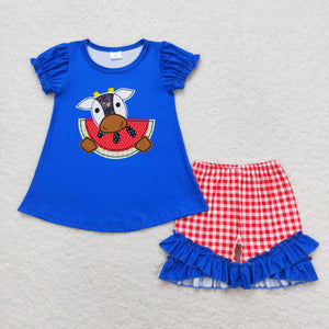 Cow Watermelon Red Plaid Blue Girls Shorts Sets