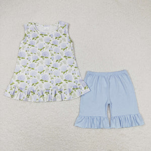 Hydrangea Floral Blue Girls Shorts Sets