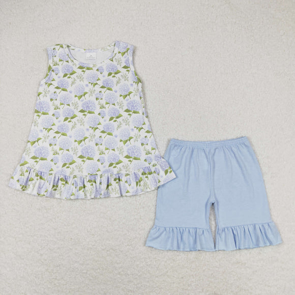 Hydrangea Floral Blue Girls Shorts Sets