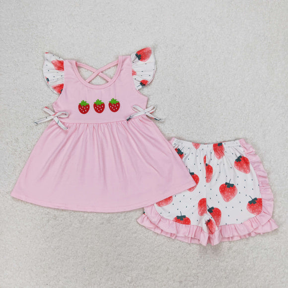 Strawberry Pink Ruffles Girls Shorts Sets