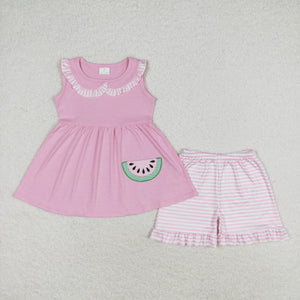 Watermelon Doll Collar Pink Stripe Girls Shorts Sets