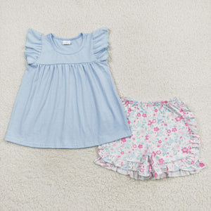 Floral Blue Girls Shorts Sets