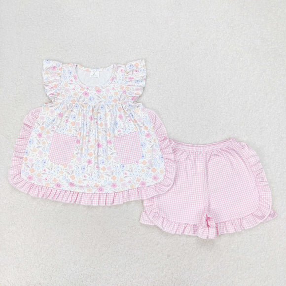 Floral Pink Plaid Pockets Ruffles Girls Shorts Sets