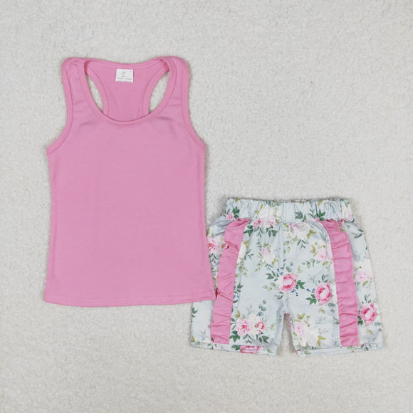 Floral Bow Solid Pink Ruffles Girls Shorts Sets