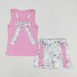 Floral Bow Solid Pink Ruffles Girls Shorts Sets