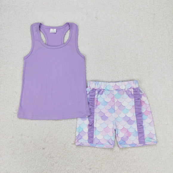 Scale Bow Solid Purple Ruffles Girls Shorts Sets