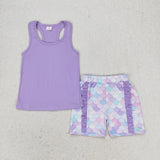 Scale Bow Solid Purple Ruffles Girls Shorts Sets