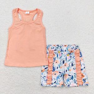 Floral Bow Solid Pastel Orange Ruffles Girls Shorts Sets