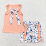 Floral Bow Solid Pastel Orange Ruffles Girls Shorts Sets