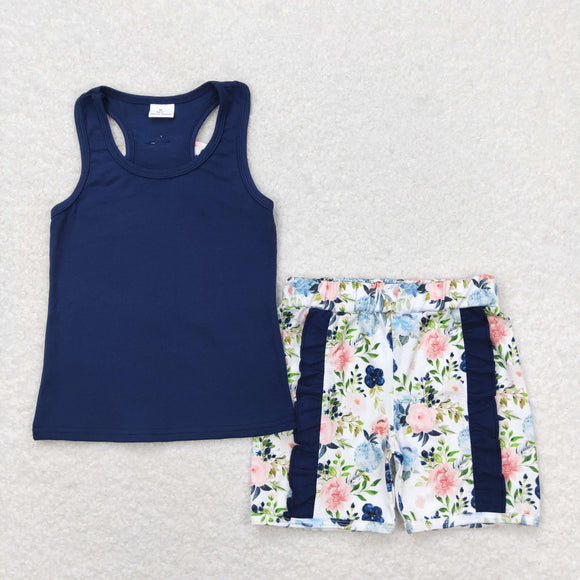 Floral Bow Solid Navy Ruffles Girls Shorts Sets