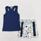 Floral Bow Solid Navy Ruffles Girls Shorts Sets